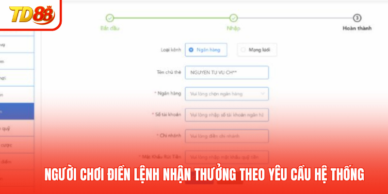 Người chơi điền lệnh nhận thưởng theo yêu cầu hệ thống
